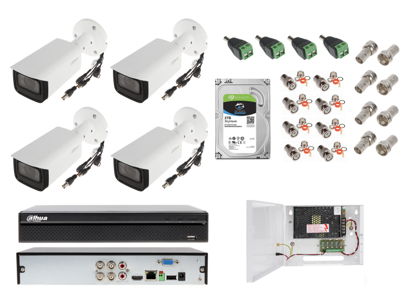 Zestaw do monitoringu 4x Bardzo Mocna Kamera Dahua HAC-HFW2802T-Z-A-3711 Motozoom, Mikrofon, 8 Mpx